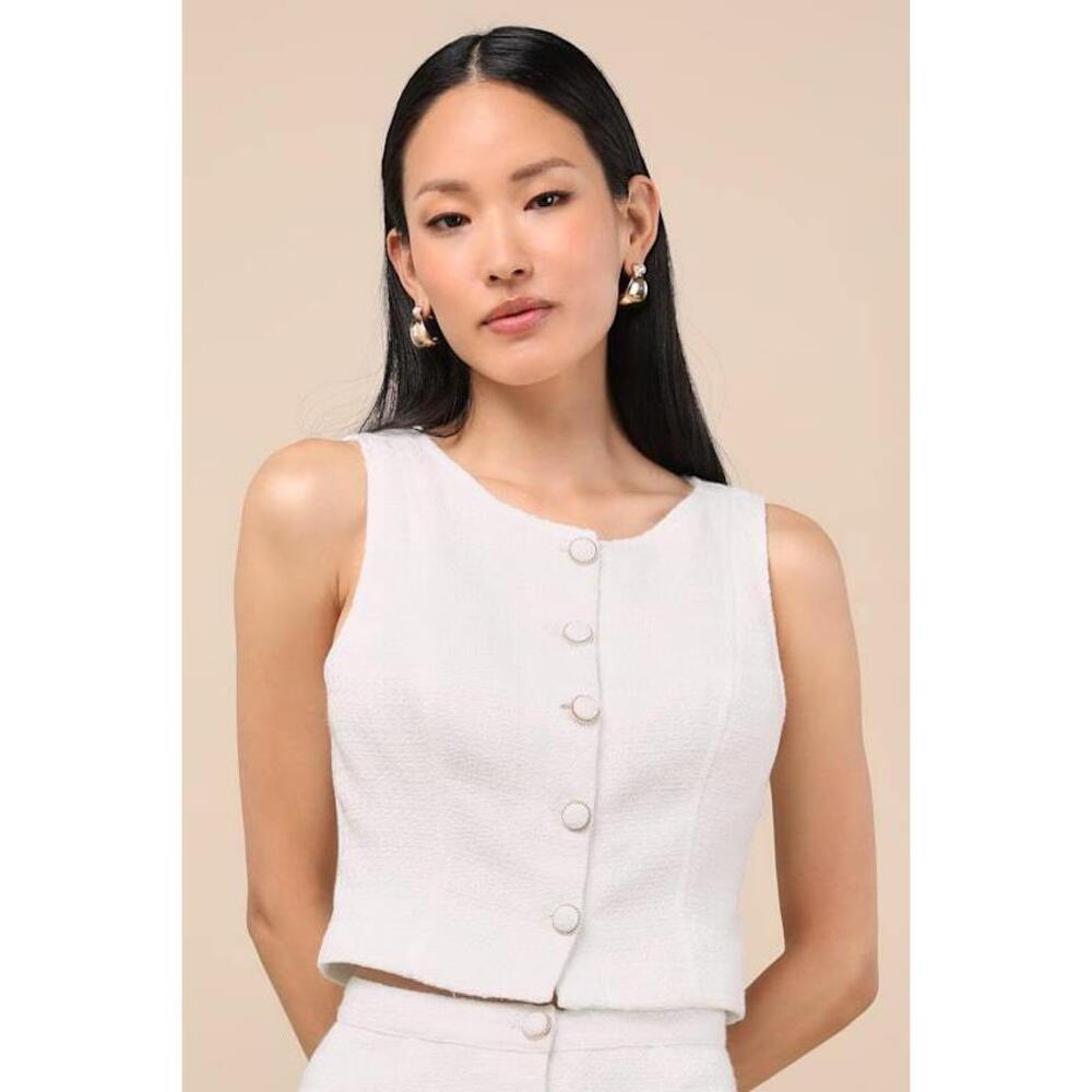 Lulus Monique White Tweed Button-up Vest Top - Size M